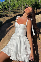 Spaghetti Strap Textured Ruffle Button Tiered Mini Dresses-White Pre Order